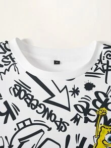 SpongeBob SquarePants | SHEIN 男士全印花圓領休閒日常長袖衛衣 - 白色 - 查看 5