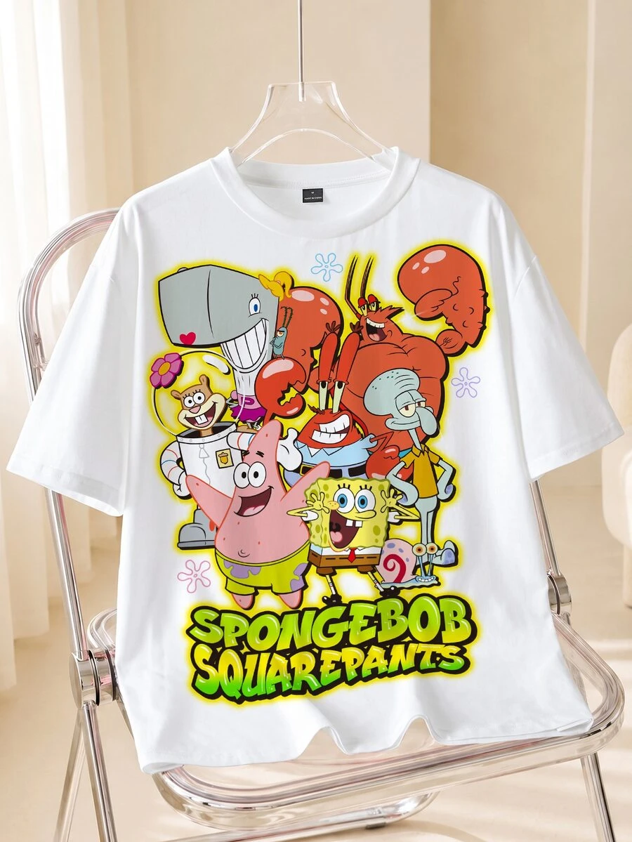 SpongeBob SquarePants | SHEIN 男士卡通印花圓領短袖T恤 - 白色 - 查看 1