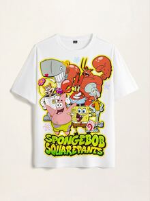 SpongeBob SquarePants | SHEIN 男士卡通印花圓領短袖T恤 - 白色 - 查看 3