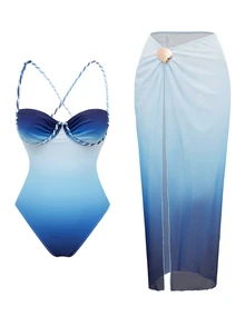Sirith Women's Sexy Tight-Fitting Elegant Beach Mesh Skirt, Graceful Two Pieces Swimsuit For Summer Vacation - Blue - View 3