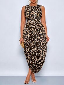 SOLERSUN Damen-Mode in großen Größen, Leopardenmuster plissiertes Midi-Kleid, ärmellos mit gekreuztem Twist-Vorderteil, hohe Taille mit gerafftem Saum, elegantes formelles Cocktailkleid für Gäste, weicher, bequemer, luxuriöser Stoff, Abendkleid, lässig und vielseitig, Musikfestival, Party, Date, Straße, anmutig und ätherisch, Herbst/Winter Neu, Neujahr - Braun - Übersicht 4