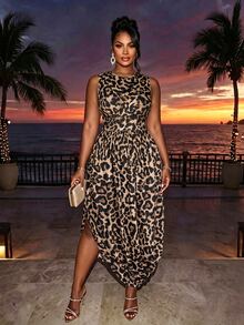SOLERSUN Damen-Mode in großen Größen, Leopardenmuster plissiertes Midi-Kleid, ärmellos mit gekreuztem Twist-Vorderteil, hohe Taille mit gerafftem Saum, elegantes formelles Cocktailkleid für Gäste, weicher, bequemer, luxuriöser Stoff, Abendkleid, lässig und vielseitig, Musikfestival, Party, Date, Straße, anmutig und ätherisch, Herbst/Winter Neu, Neujahr - Braun - Übersicht 6