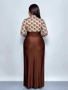 SOLERSUN Gaun Pesta Elegan Lipit Warna-warni untuk Wanita Ukuran Plus, Model Musim Gugur - Coffee Brown - View 5