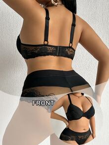 SHEIN 2pcs/Set Plus Size Women Lace Patchwork Underwire Bra And Panty Set, Purple - Black - View 2