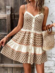 SHEIN Holidaya Women's New Elegant Boho Cottage Core Sexy Dress, Suitable For Office Vacation, Casual, Beach, Valentine's Day, Carnival, Summer Color Block - Brown - View 4