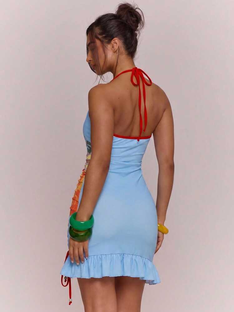 MUSERA Printed Ruffle Detail Lace Up Self Tie Halterneck Mini Dress Spring Summer Vacation Holiday Ibiza Boho Elegant Casual Carnival Festival - Blue - View 5