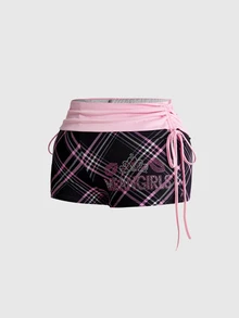 Mean Girls | ROMWE Plaid Print Plus Size Women's Side Tie Shorts - Pink - View 5