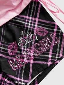 Mean Girls | ROMWE Plaid Print Plus Size Women's Side Tie Shorts - Pink - View 3