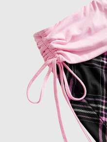 Mean Girls | ROMWE Plaid Print Plus Size Women's Side Tie Shorts - Pink - View 4