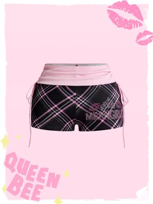 Mean Girls | ROMWE Plaid Print Plus Size Women's Side Tie Shorts - Pink - View 1