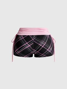 Mean Girls | ROMWE Plaid Print Plus Size Women's Side Tie Shorts - Pink - View 2