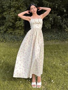 hhfernanda 黄色花卉印花露背连衣裙，蝴蝶结开合 - 非常适合海岛度假、派对、约会、生日庆祝、下午茶派对和节日、7 月 4 日服装、海岛度假服装、女士蜜月服装、Y2k、乡村音乐会服装、毕业礼服 - 黃色 - 查看 4