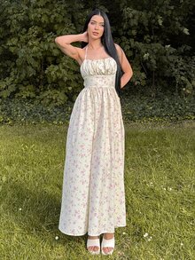 hhfernanda 黄色花卉印花露背连衣裙，蝴蝶结开合 - 非常适合海岛度假、派对、约会、生日庆祝、下午茶派对和节日、7 月 4 日服装、海岛度假服装、女士蜜月服装、Y2k、乡村音乐会服装、毕业礼服 - 黃色 - 查看 1