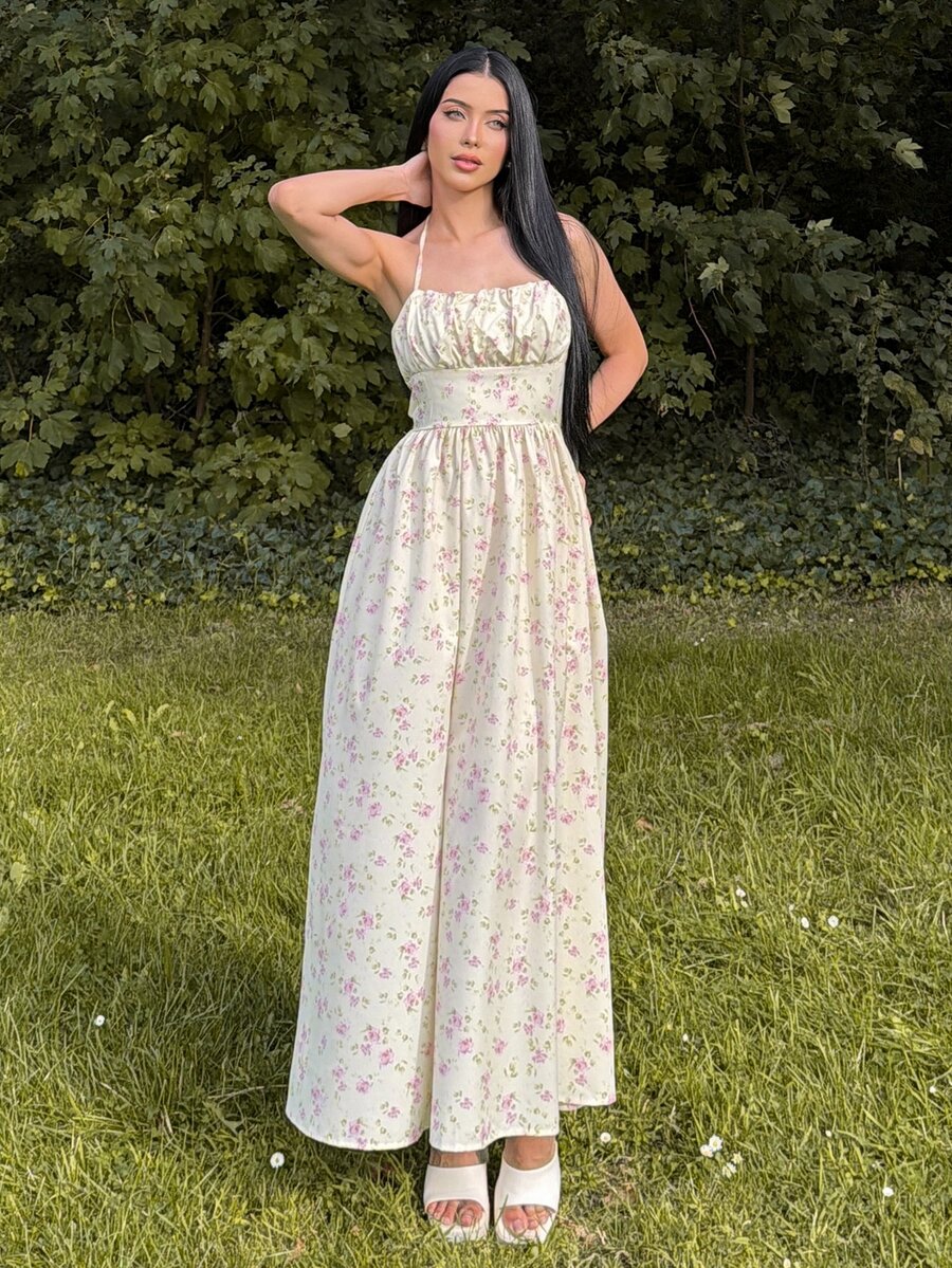 hhfernanda 黄色花卉印花露背连衣裙,蝴蝶结开合 - 非常适合海岛度假、派对、约会、生日庆祝、下午茶派对和节日、7 月 4 日服装、海岛度假服装、女士蜜月服装、Y2k、乡村音乐会服装、毕业礼服 - 黃色 - 查看 1
