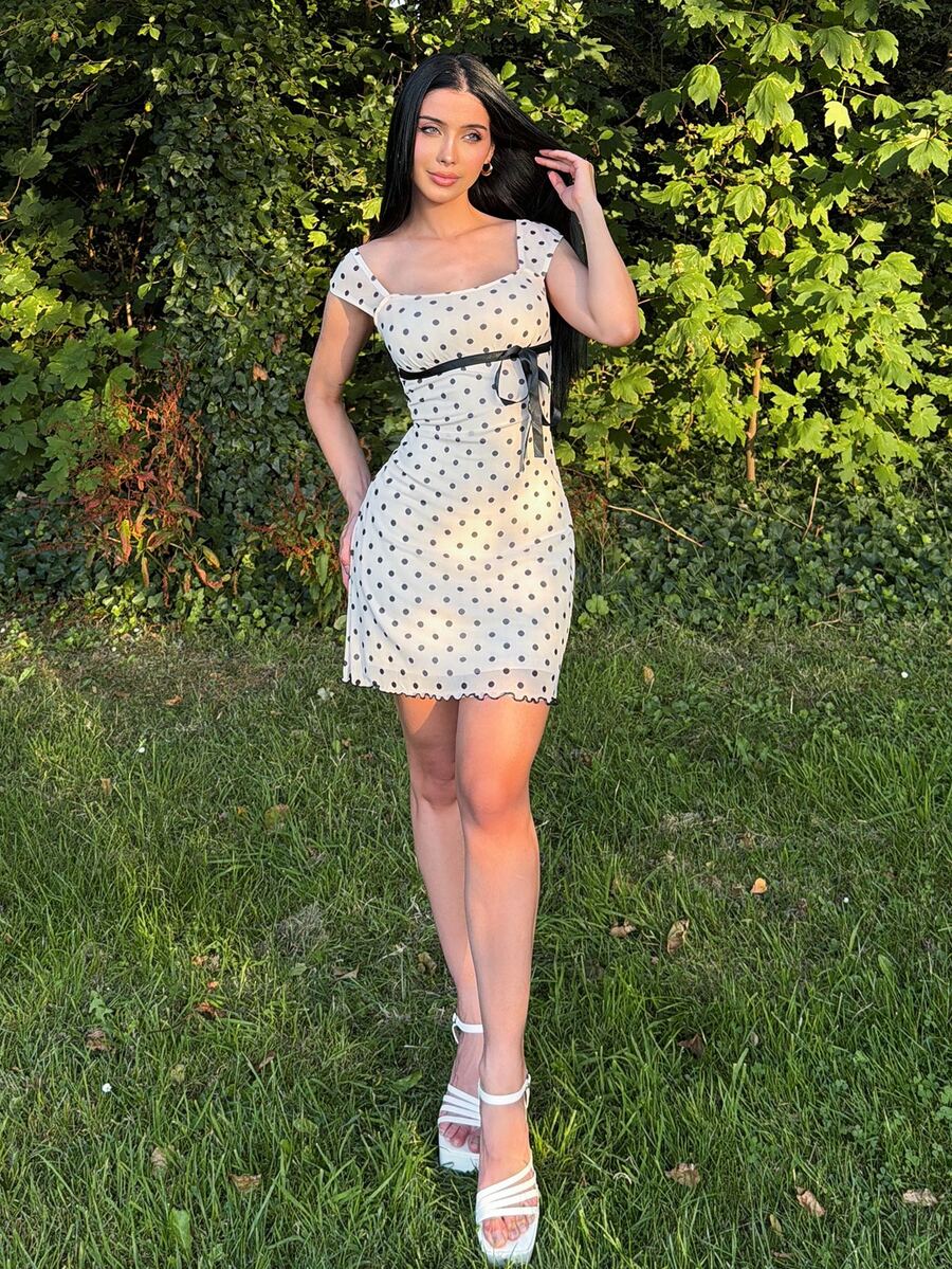 hhfernanda 蝴蝶结褶饰网布圆点连衣裙 - 杏色 - 查看 1