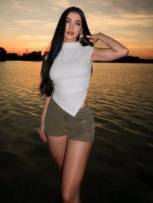 hhfernanda Summer;Women's Spring Plain Knitted Asymmetrical Hem T-Shirt - White - View 5