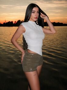 hhfernanda Summer;Women's Spring Plain Knitted Asymmetrical Hem T-Shirt - White - View 4