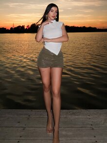 hhfernanda Summer;Women's Spring Plain Knitted Asymmetrical Hem T-Shirt - White - View 3