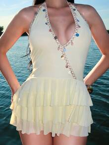 hhfernanda Women's Pale Yellow Summer Casual Beach Holiday Vacation Mini Dress, Backless Halter Starfish Tassel Asymmetrical Hem Boho Style Sun Dresses - Yellow - View 5