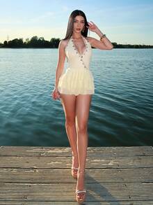 hhfernanda Women's Pale Yellow Summer Casual Beach Holiday Vacation Mini Dress, Backless Halter Starfish Tassel Asymmetrical Hem Boho Style Sun Dresses - Yellow - View 7