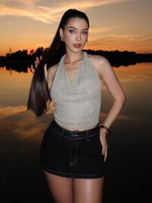 hhfernanda 系带深V领派对风女士针织上衣，2026年新款，海滩度假风。度假、夏季假期、优雅、假日、度假。闪亮针织上衣。 - 卡其色 - 查看 5