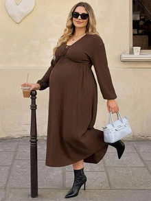 Plussiva 大尺碼孕婦純色前綁帶燈籠袖洋裝 - 棕色 - 查看 1