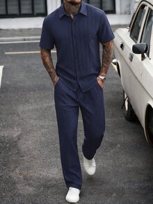 Manfinity Homme Men's Casual Versatile Shirt And Pants Set - Navy Blue - View 5
