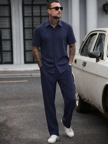 Manfinity Homme Men's Casual Versatile Shirt And Pants Set - Navy Blue - View 4