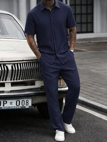 Manfinity Homme Men's Casual Versatile Shirt And Pants Set - Navy Blue - View 3