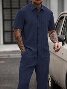 Manfinity Homme Men's Casual Versatile Shirt And Pants Set - Navy Blue - View 1