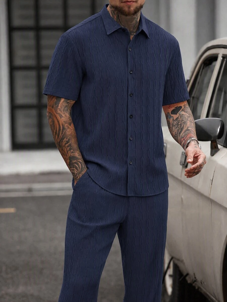 Manfinity Homme Men's Casual Versatile Shirt And Pants Set - Navy Blue - View 1