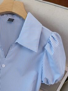 SHEIN Raffinéa Women's Fall Blue White Pinstripe Lapel Tie-Waist Shirt, Big Bow Cinched Short-Sleeve Top, Chic Occasion Wear For Daily Date Commute Vacation - Blue - View 5