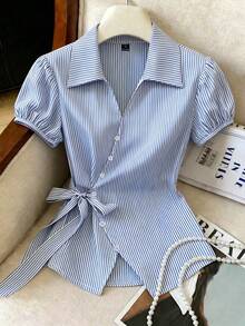 SHEIN Raffinéa Women's Fall Blue White Pinstripe Lapel Tie-Waist Shirt, Big Bow Cinched Short-Sleeve Top, Chic Occasion Wear For Daily Date Commute Vacation - Blue - View 4