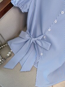 SHEIN Raffinéa Women's Fall Blue White Pinstripe Lapel Tie-Waist Shirt, Big Bow Cinched Short-Sleeve Top, Chic Occasion Wear For Daily Date Commute Vacation - Blue - View 7