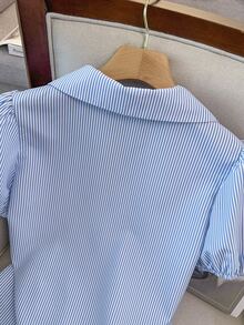 SHEIN Raffinéa Women's Fall Blue White Pinstripe Lapel Tie-Waist Shirt, Big Bow Cinched Short-Sleeve Top, Chic Occasion Wear For Daily Date Commute Vacation - Blue - View 8