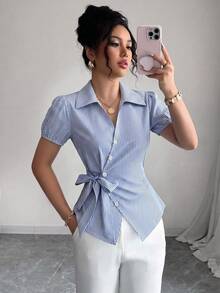 SHEIN Raffinéa Women's Fall Blue White Pinstripe Lapel Tie-Waist Shirt, Big Bow Cinched Short-Sleeve Top, Chic Occasion Wear For Daily Date Commute Vacation - Blue - View 2