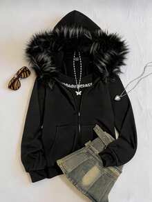 Attitoon Women's Casual Retro Front Zipper Fur Collar Hoodie Sweatshirt, Suitable For Autumn/Winter - Black - View 3