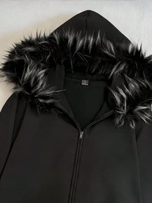 Attitoon Women's Casual Retro Front Zipper Fur Collar Hoodie Sweatshirt, Suitable For Autumn/Winter - Black - View 7