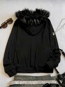 Attitoon Women's Casual Retro Front Zipper Fur Collar Hoodie Sweatshirt, Suitable For Autumn/Winter - Black - View 2