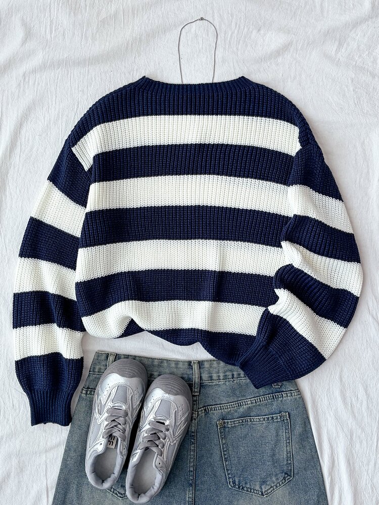 Suéter de punto para adolescente chica, azul marino & blanco, cuello redondo, suéter de punto a rayas casual, simple & de moda, adecuado para uso diario, otoño, invierno - Multicolor - Añade 5