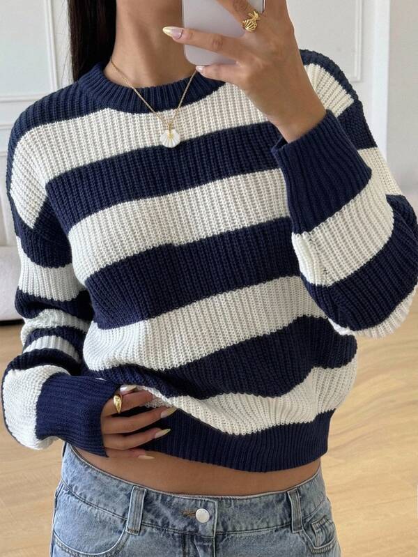 Teen Girl Teen Girls Sweaters Navy Blue & White Knit Sweater Round Neck, Casual Striped Knit Sweater, Simple & Fashionable, Suitable For Daily Wear, Autumn, Winter