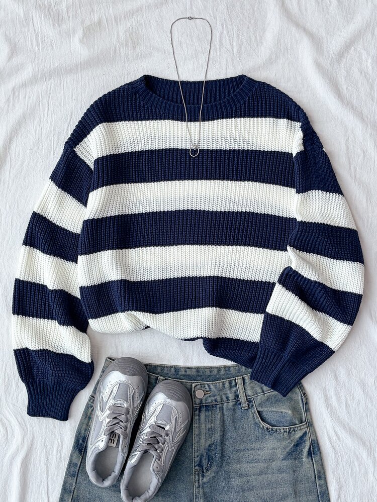 Suéter de punto para adolescente chica, azul marino & blanco, cuello redondo, suéter de punto a rayas casual, simple & de moda, adecuado para uso diario, otoño, invierno - Multicolor - Añade 6