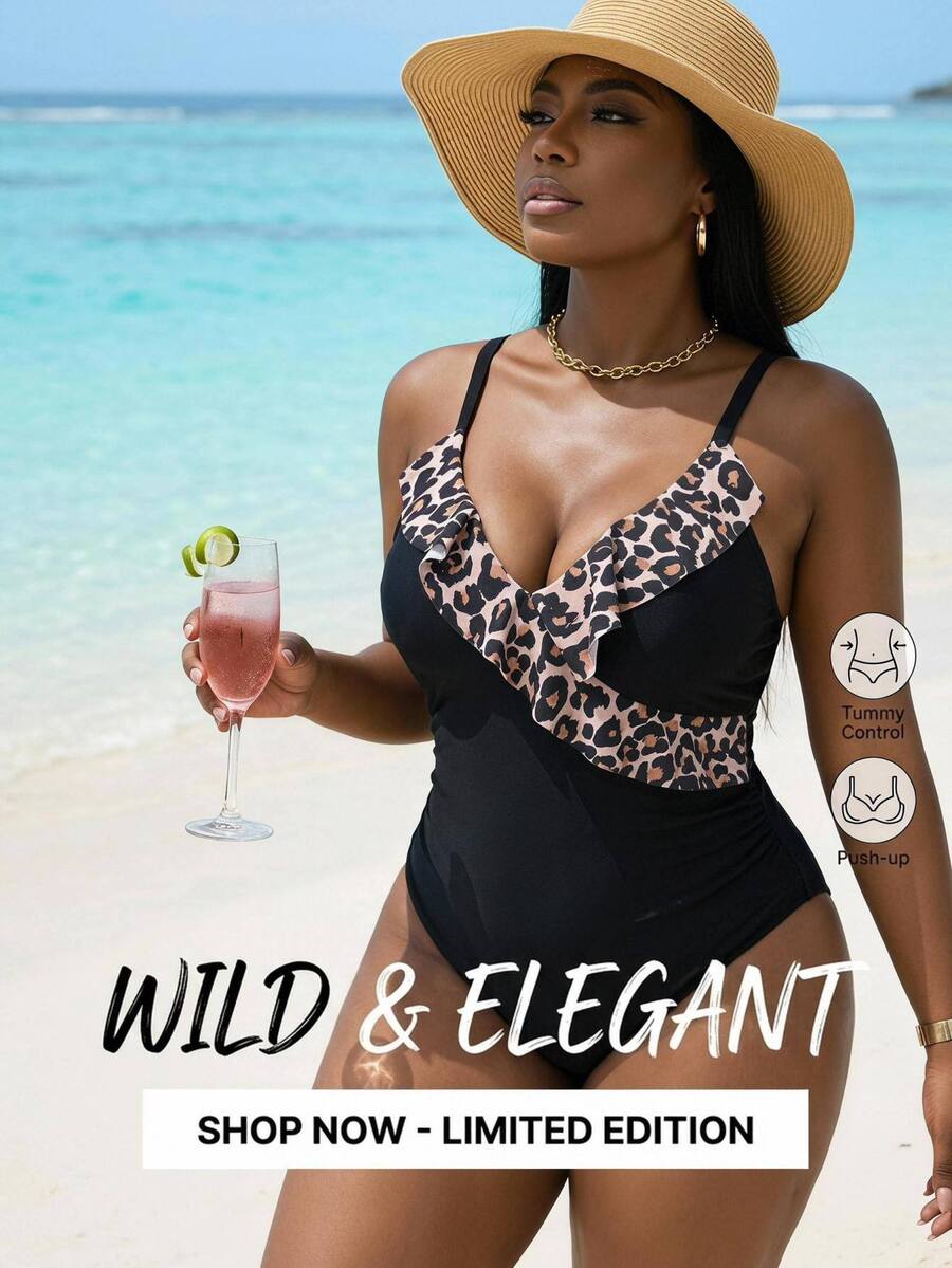 Swim Lushoire Plus Size Women's Ruffle White Leopard Print Leopard Print Leopard Print Leopard Print Sweet Sexy Beach One-Piece Swimsuit Summer - Multicolor - View 1