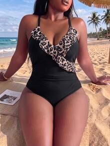 Swim Lushoire Plus Size Women's Ruffle White Leopard Print Leopard Print Leopard Print Leopard Print Sweet Sexy Beach One-Piece Swimsuit Summer - Multicolor - View 6