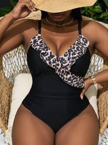 Swim Lushoire Plus Size Women's Ruffle White Leopard Print Leopard Print Leopard Print Leopard Print Sweet Sexy Beach One-Piece Swimsuit Summer - Multicolor - View 7