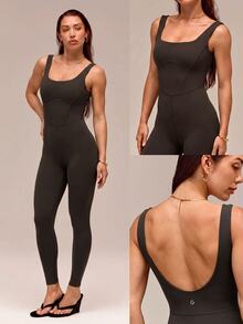 GLOWMODE 24" FeatherFit™ Tummy Control Open Back Gym Yoga Pilates Sports Jumpsuit Bodysuit Elegant For Woman - Chocolate Brown - View 10