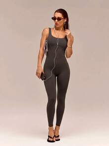 GLOWMODE 24" FeatherFit™ Tummy Control Open Back Gym Yoga Pilates Sports Jumpsuit Bodysuit Elegant For Woman - Chocolate Brown - View 8