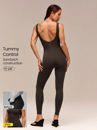 GLOWMODE 24" FeatherFit™ Tummy Control Open Back Gym Yoga Pilates Sports Jumpsuit Bodysuit Elegant For Woman