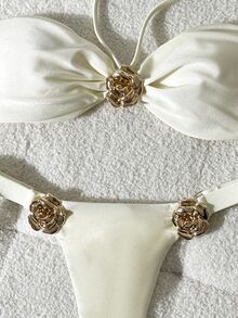 Swim Chiccia Women's Solid Color Strapless Floral Metal Decor Bikini Set, Spring/Summer - Beige - View 8