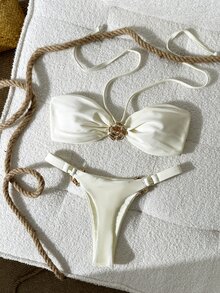 Swim Chiccia Women's Solid Color Strapless Floral Metal Decor Bikini Set, Spring/Summer - Beige - View 4